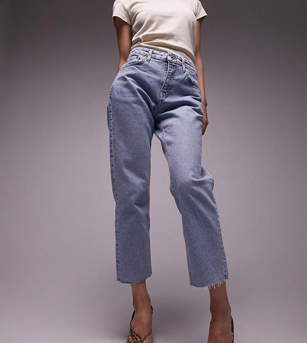 Topshop Petite cropped mid rise straight jeans with raw hems in bleach-Blue