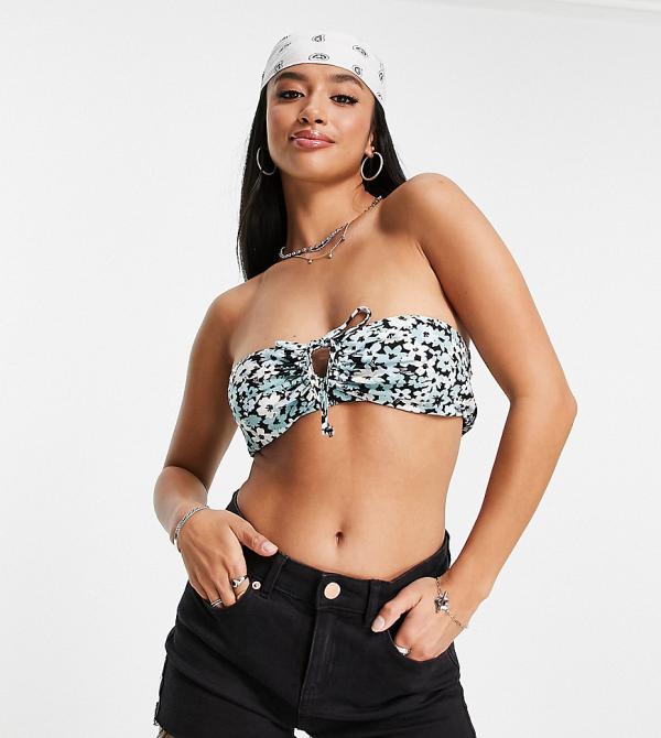 Topshop Petite ditsy ruched keyhole bandeau bralet in blue (part of a set)