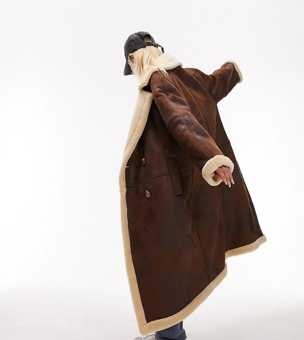 Topshop Petite longline aviator coat in brown