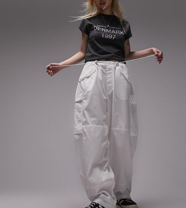 Topshop Petite oversized parachute toggle cargo pants in ecru-White