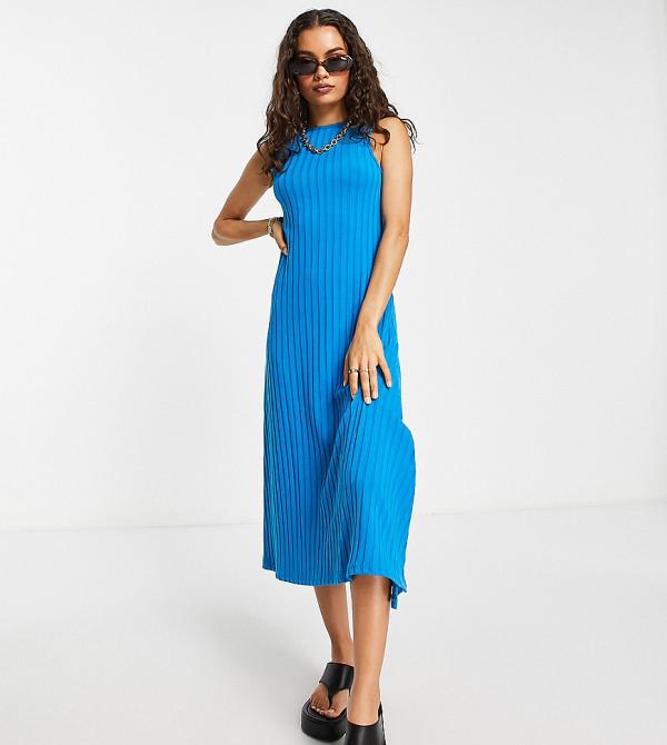 Topshop Petite premium wide rib jersey midi dress in blue