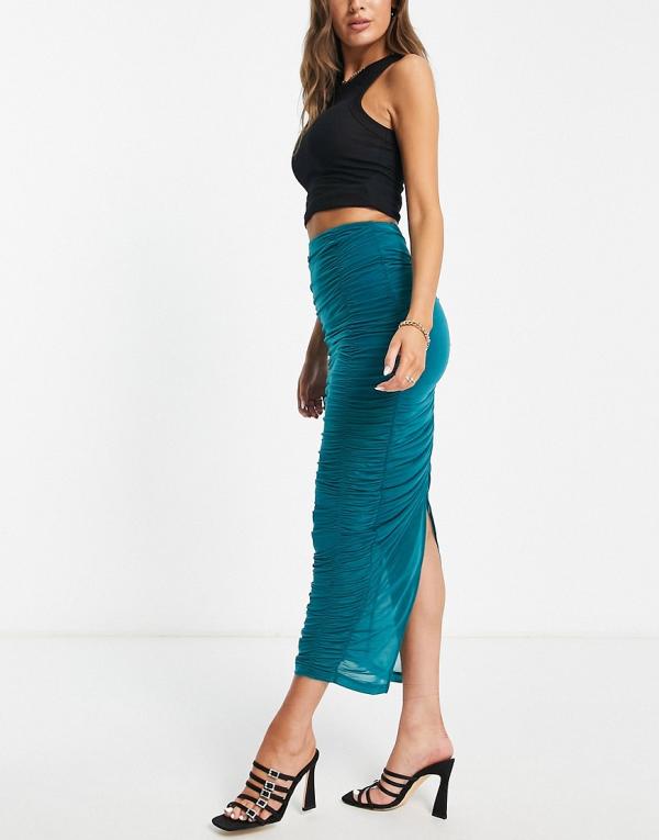 Topshop premium ruched mesh midi skirt in teal-Blue