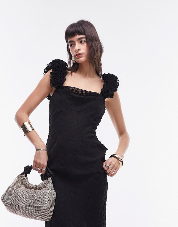 Topshop premium slip maxi dress with 3D ruffle sleeve in black jacquard spot