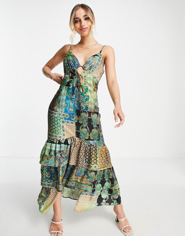 Topshop printed satin maxi dress with ruffle hem in multi