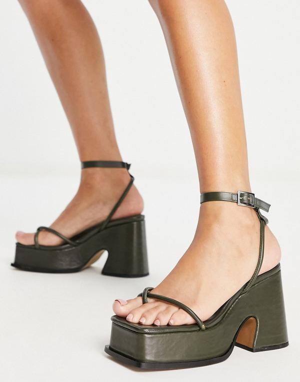 Topshop Reeva premium leather wedge sandals in khaki-Green