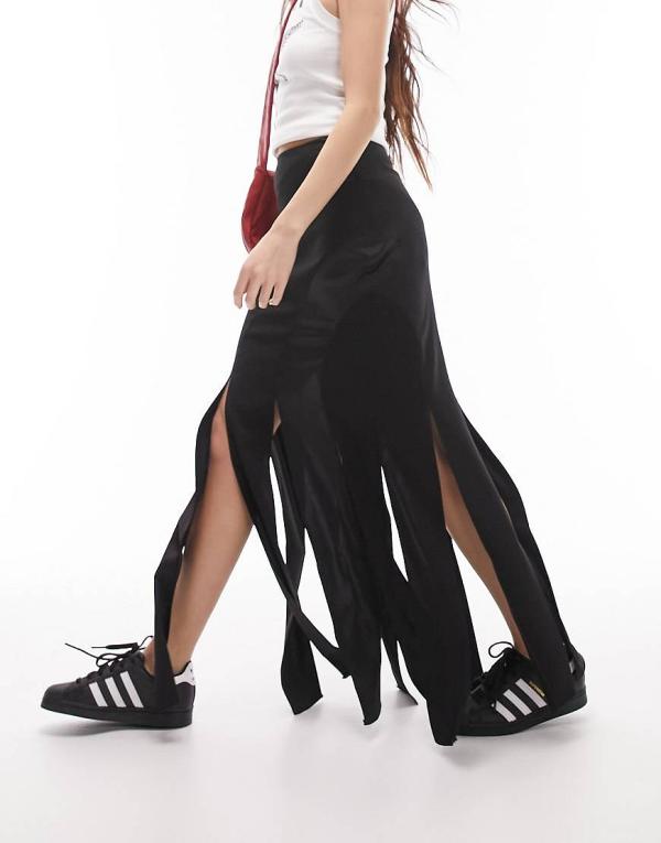 Topshop satin and crepe splice midi skirt in black