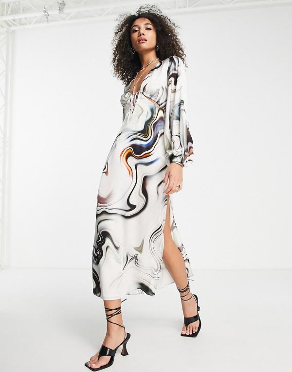 Topshop satin cut out midi dress in abstract marble print-Multi