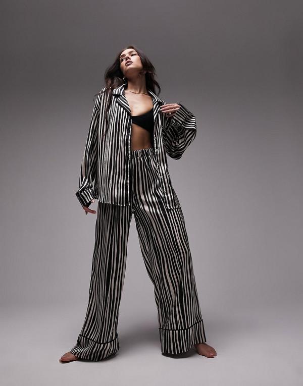 Topshop satin stripe print piped shirt and pants pyjama set in monochrome-Black