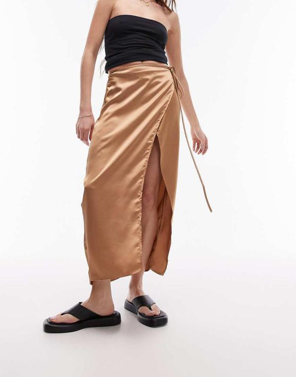 Topshop satin wrap midi skirt in camel (part of a set)-Neutral