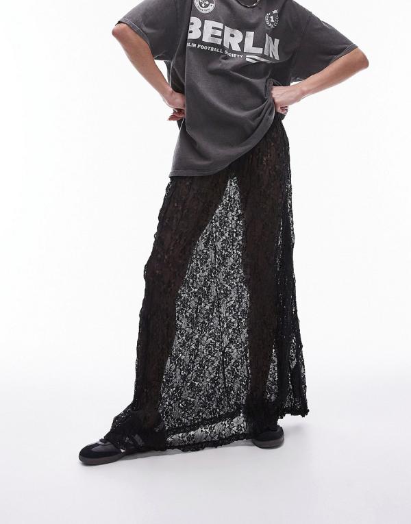 Topshop sheer lace crinkle column midi skirt with elasticated waist in black