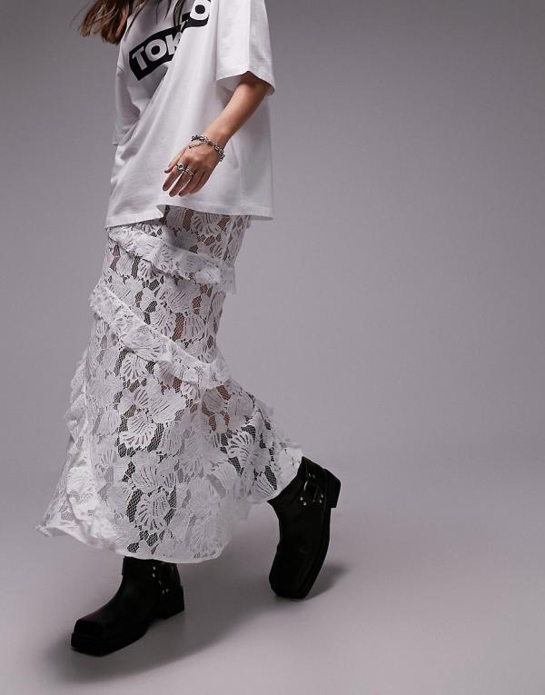 Topshop shell lace ruffle midi skirt in white