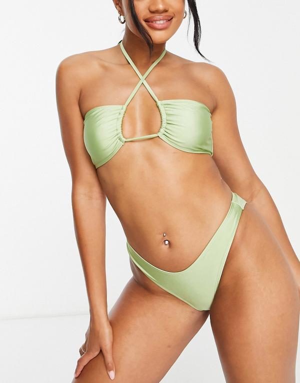 Topshop shiny ruched halterneck bandeau bikini top in olive-Green