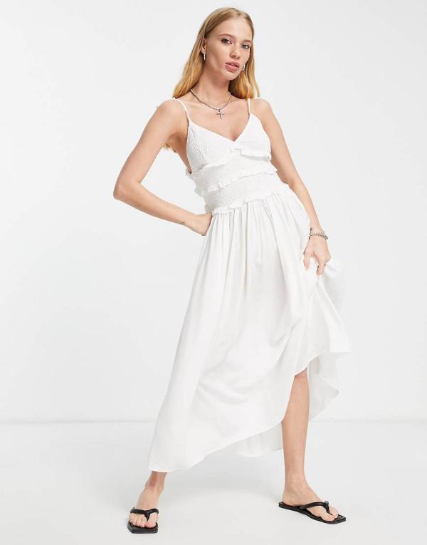 Topshop shirred ruffle slip midi dress in ivory-White