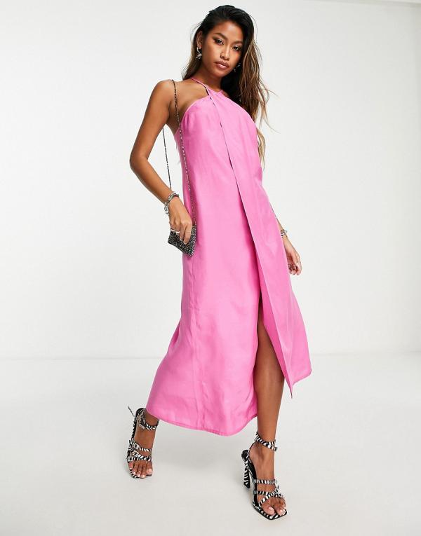Topshop strappy slip midi dress in fuchsia-Pink