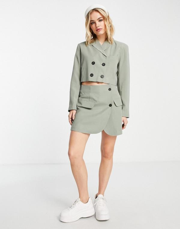 Topshop Tailored button wrap mini skirt in sage (part of a set)-Green