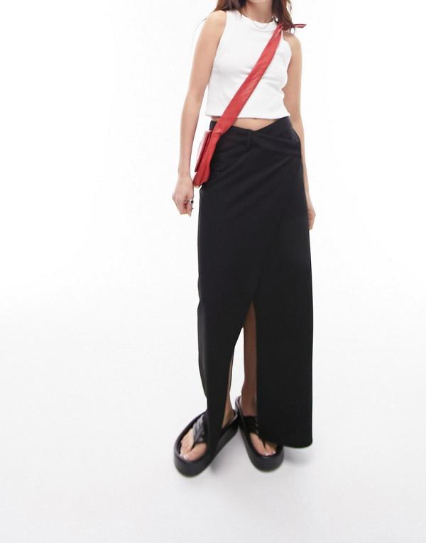 Topshop tailored cross over maxi skirt in black
