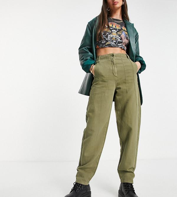 Topshop Tall highwaisted lightweight peg pants in khaki-Green