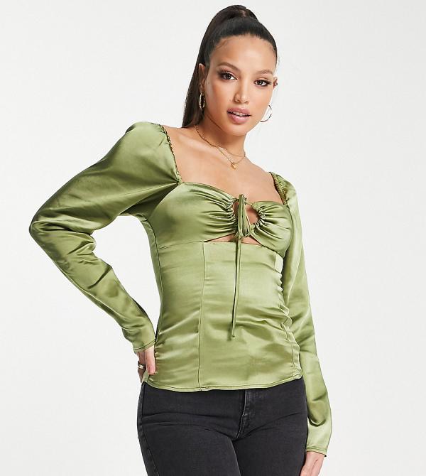 Topshop tall keyhole halter blouse in khaki-Green
