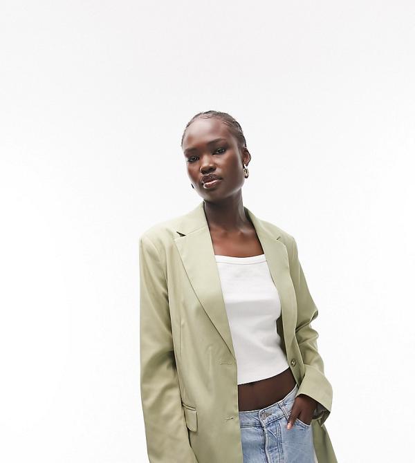 Topshop Tall straight jacket in sage (part of a set)-No colour