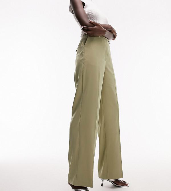 Topshop Tall straight slouch pants with back pocket detail in sage (part of a set)-No colour