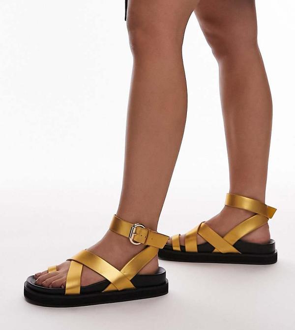 Topshop Wide Fit Jaydee strappy sandals with toe loop in gold