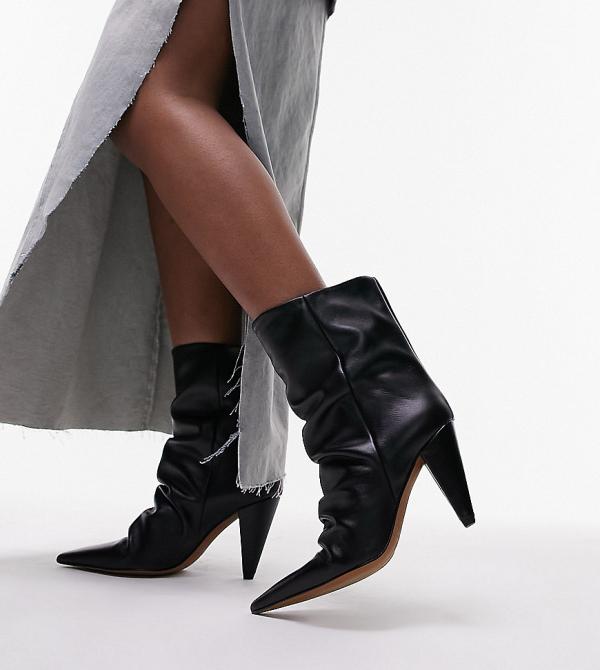 Topshop Wide Fit Nadia real leather pointed cone heel ankle boots in black
