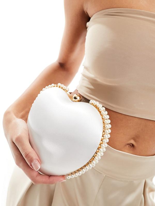 True Decadence pearl trim heart clutch bag in white satin