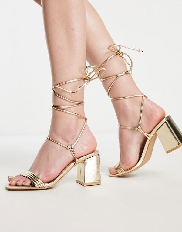 Truffle Collection strappy mid-heeled square-toe sandals in gold