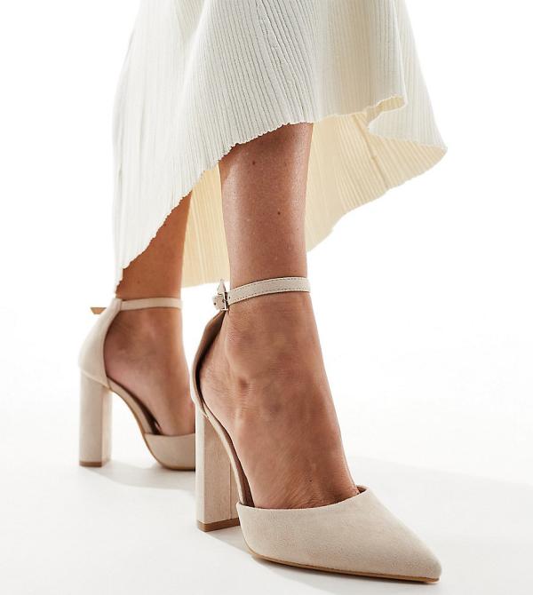 Truffle Collection Wide Fit block heel court shoes in beige-Neutral