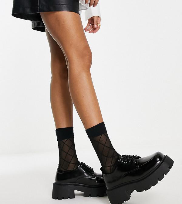Truffle Collection wide fit chunky lace-up shoes with exaggerated sole in black
