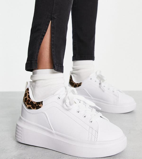 Truffle Collection Wide Fit chunky sneakers in white and leopard back tab