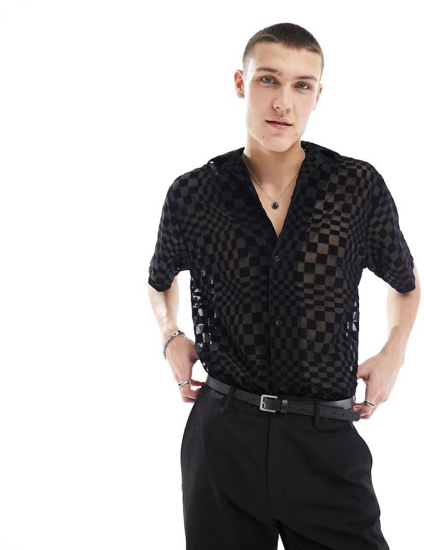 Twisted Tailor checkerboard burnout short sleeve revere shirt in black