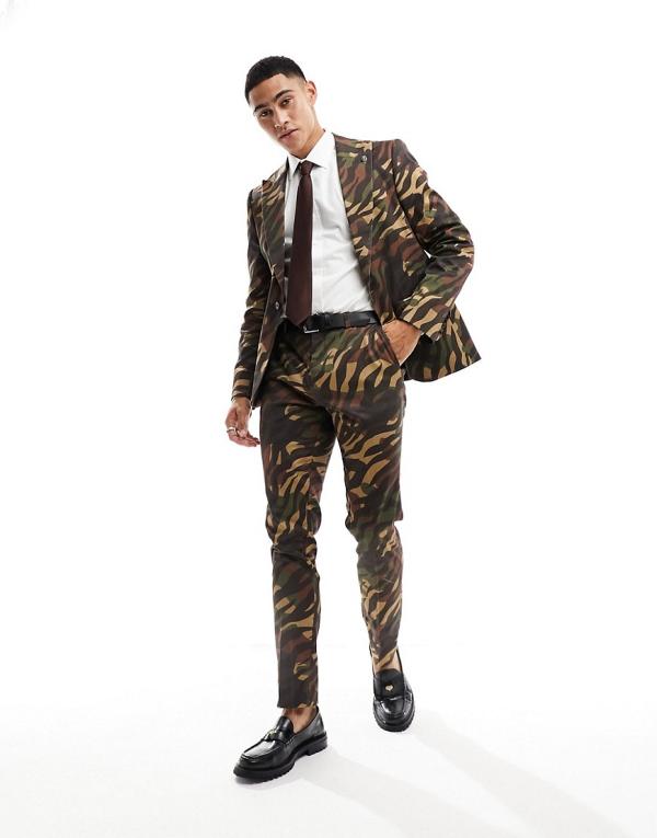 Twisted Tailor Gables tiger camo suit pants in brown