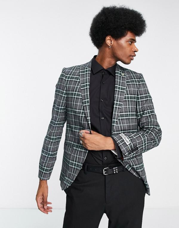 Twisted Tailor Ladd suit jacket in grey and green tartan check