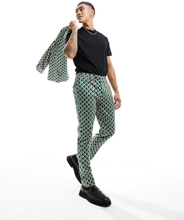 Twisted Tailor Shadoff suit pants in green with geometric vintage print