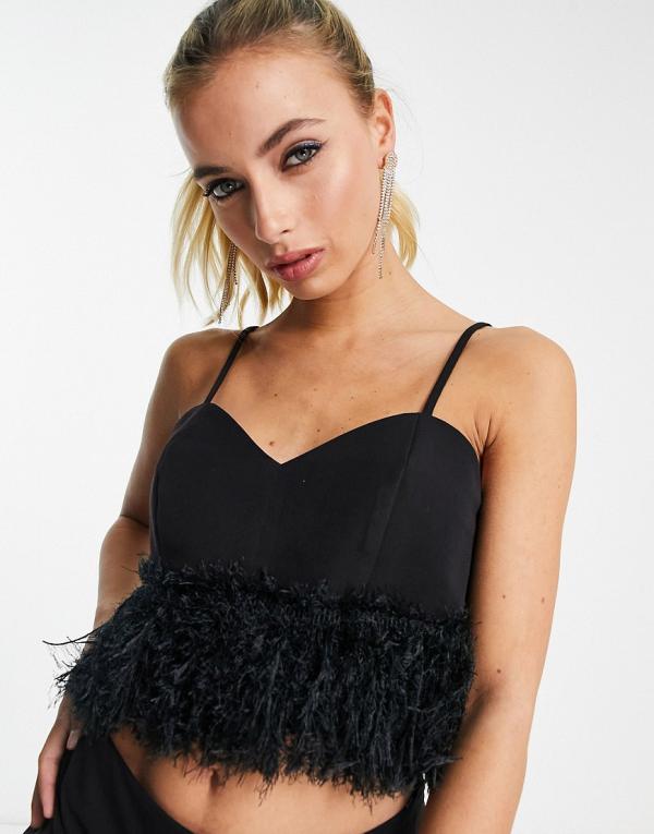 Twisted Wunder cami crop top with faux feather hem in black (part of a set)