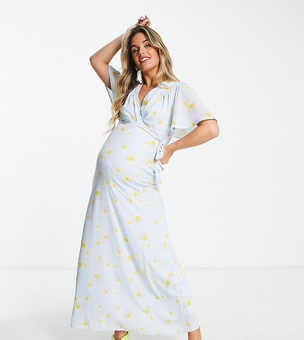 Twisted Wunder Maternity wrap-front midi dress in daisy print-Blue
