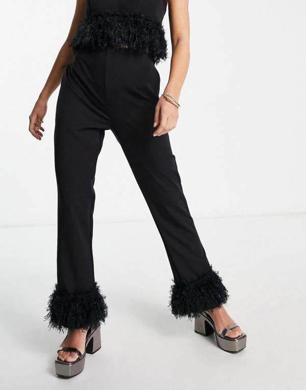 Twisted Wunder straight leg pants with faux feather hem in black (part of a set)