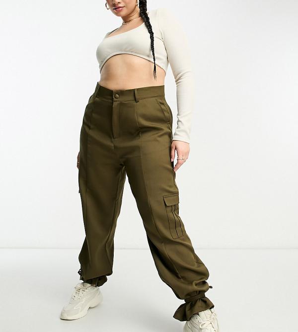 Unique21 Hero Plus high waisted cargo pants with ankle tie in khaki-Green