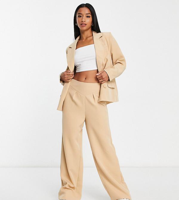 Unique21 Petite high waisted tailored pants in beige (part of a set)-Neutral