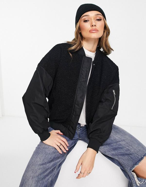 Urban Classics oversized sherpa mix bomber jacket in black