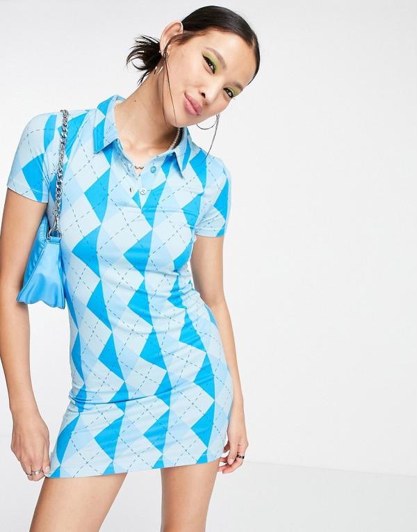 Urban Threads bodycon polo dress in blue argyle print
