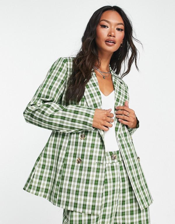 Urban Threads double breasted oversized blazer in green check (part of a set)