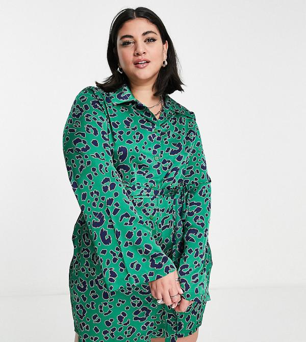 Urban Threads Plus belted mini shirt dress in green leopard print