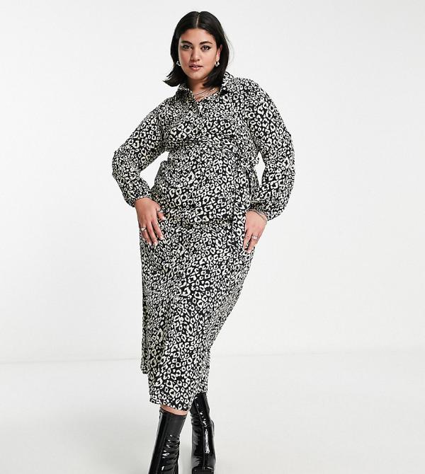 Urban Threads Plus midi shirt dress in black leopard print