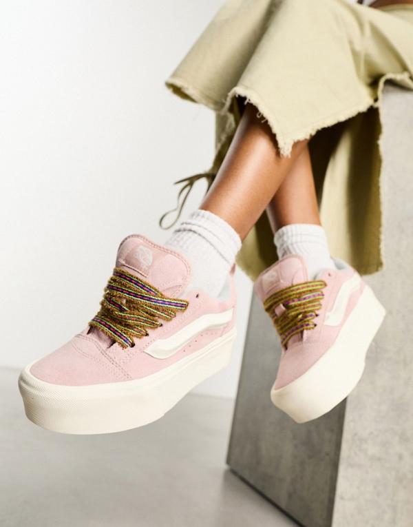 Vans Knu Stack sneakers in pink with multicoloured laces-White
