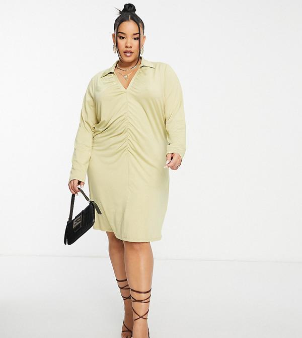 Vero Moda Curve ruched front mini shirt dress in olive-Green