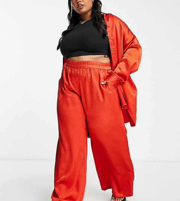Vero Moda Curve wide leg satin pants in red (part of a set)