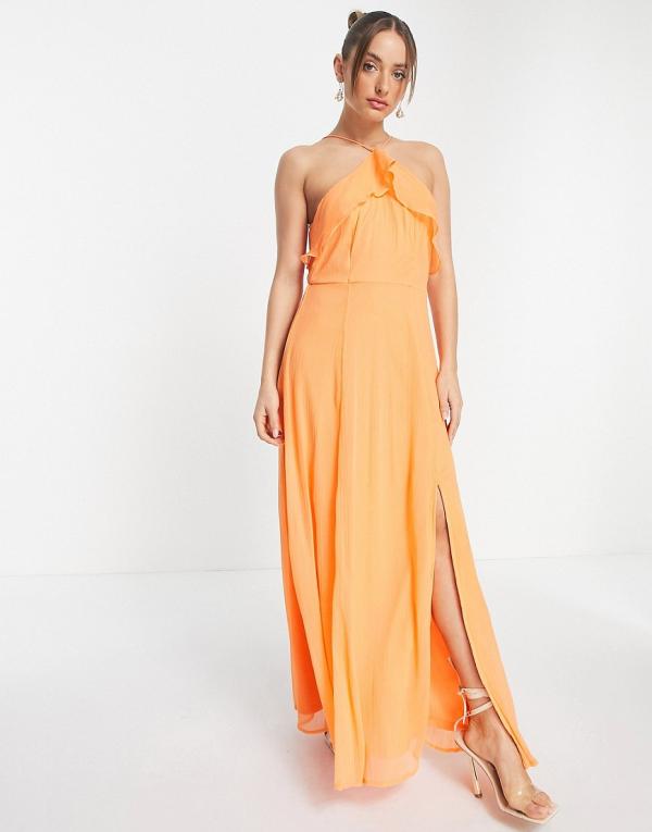 Vero Moda halterneck maxi dress with ruffle detail and split front in orange