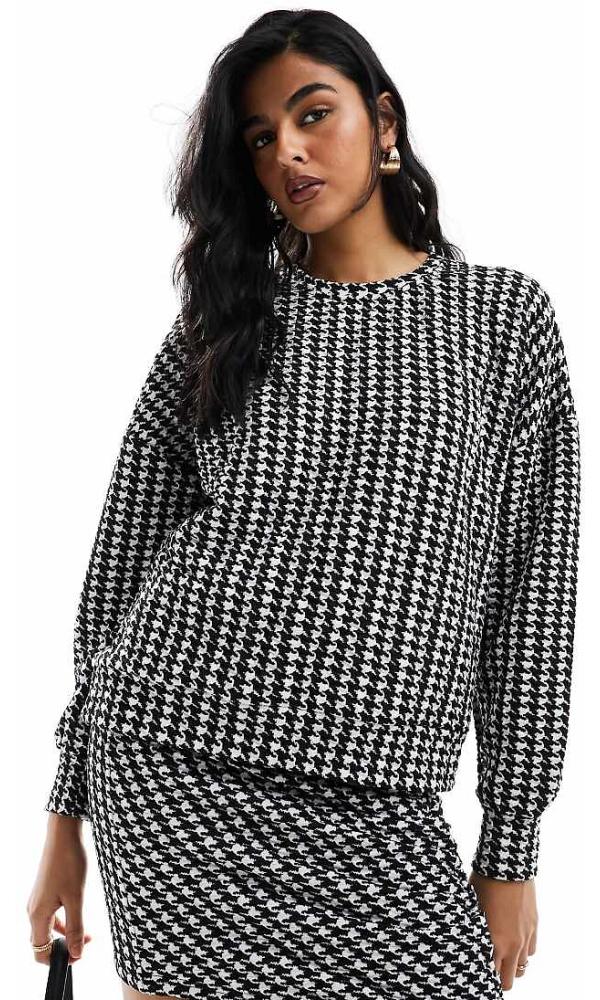 Vero Moda jersey oversized sweat top in mono houndstooth (part of a set)-Black